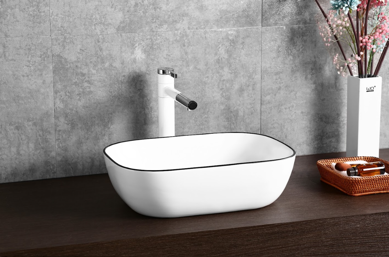 Infinity Gloss White with Black Rim Ceramic Rectangle Above Counter Art Basin 460*330*135mm