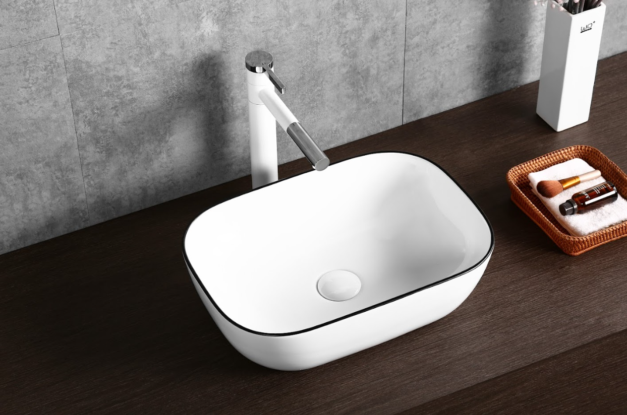 Infinity Gloss White with Black Rim Ceramic Rectangle Above Counter Art Basin 460*330*135mm