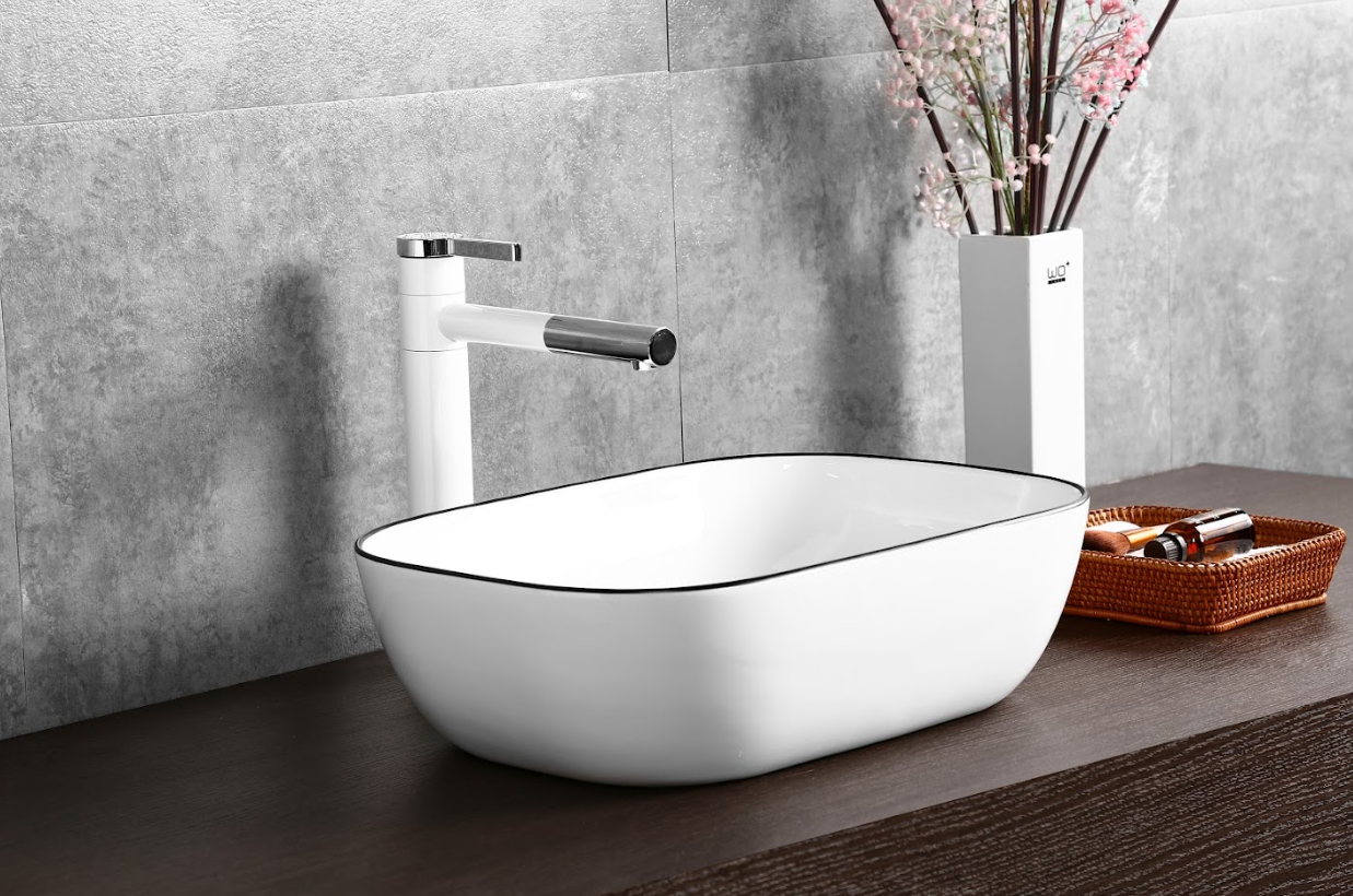 Infinity Gloss White with Black Rim Ceramic Rectangle Above Counter Art Basin 460*330*135mm