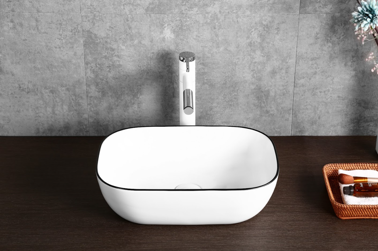 Infinity Gloss White with Black Rim Ceramic Rectangle Above Counter Art Basin 460*330*135mm