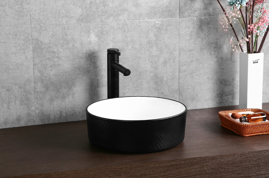 Infinity 360×360×120mm Round Diagonal Pattern Art Basin — Inner Gloss White / Outer Matt Black