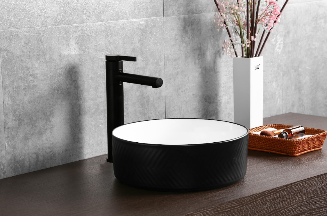 Infinity 360×360×120mm Round Diagonal Pattern Art Basin — Inner Gloss White / Outer Matt Black