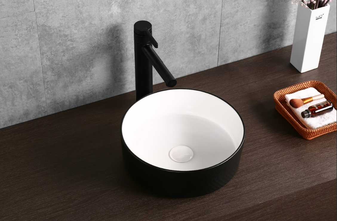 Infinity 360×360×120mm Round Diagonal Pattern Art Basin — Inner Gloss White / Outer Matt Black