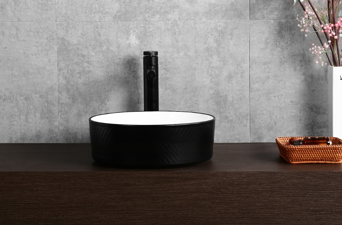 Infinity 360×360×120mm Round Diagonal Pattern Art Basin — Inner Gloss White / Outer Matt Black