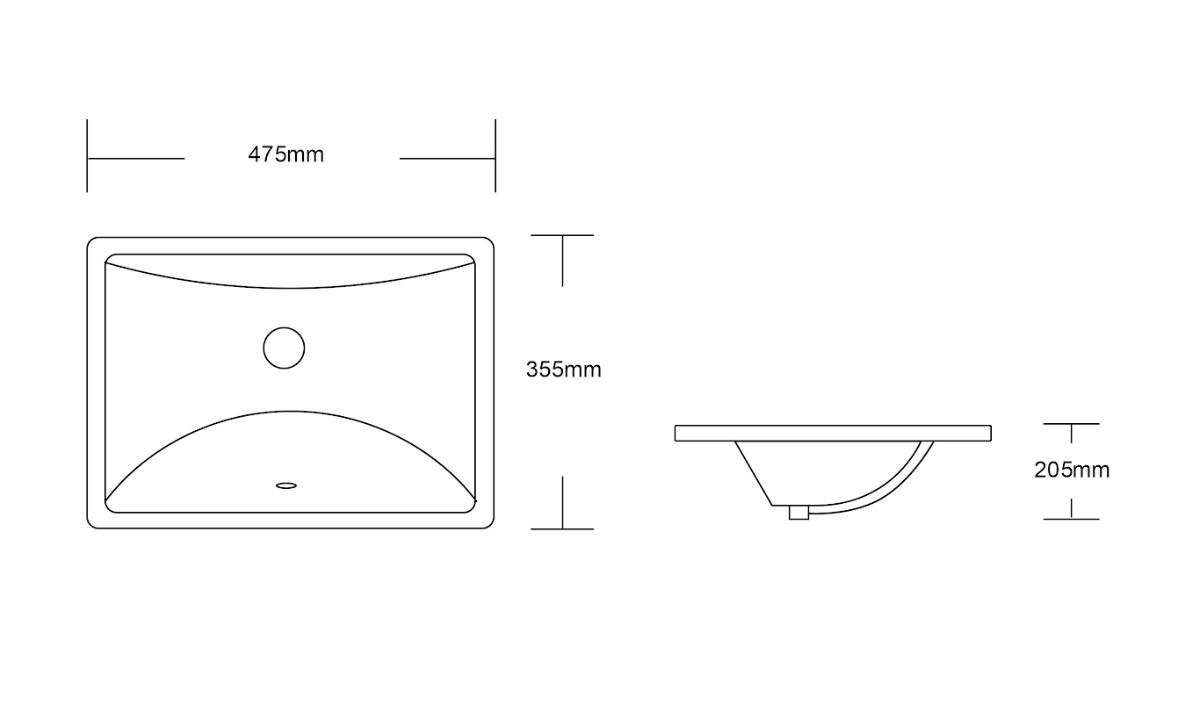 Rectangular bathroom vanity basin technical drawing with 475mm x 355mm dimensions from Secasa Home