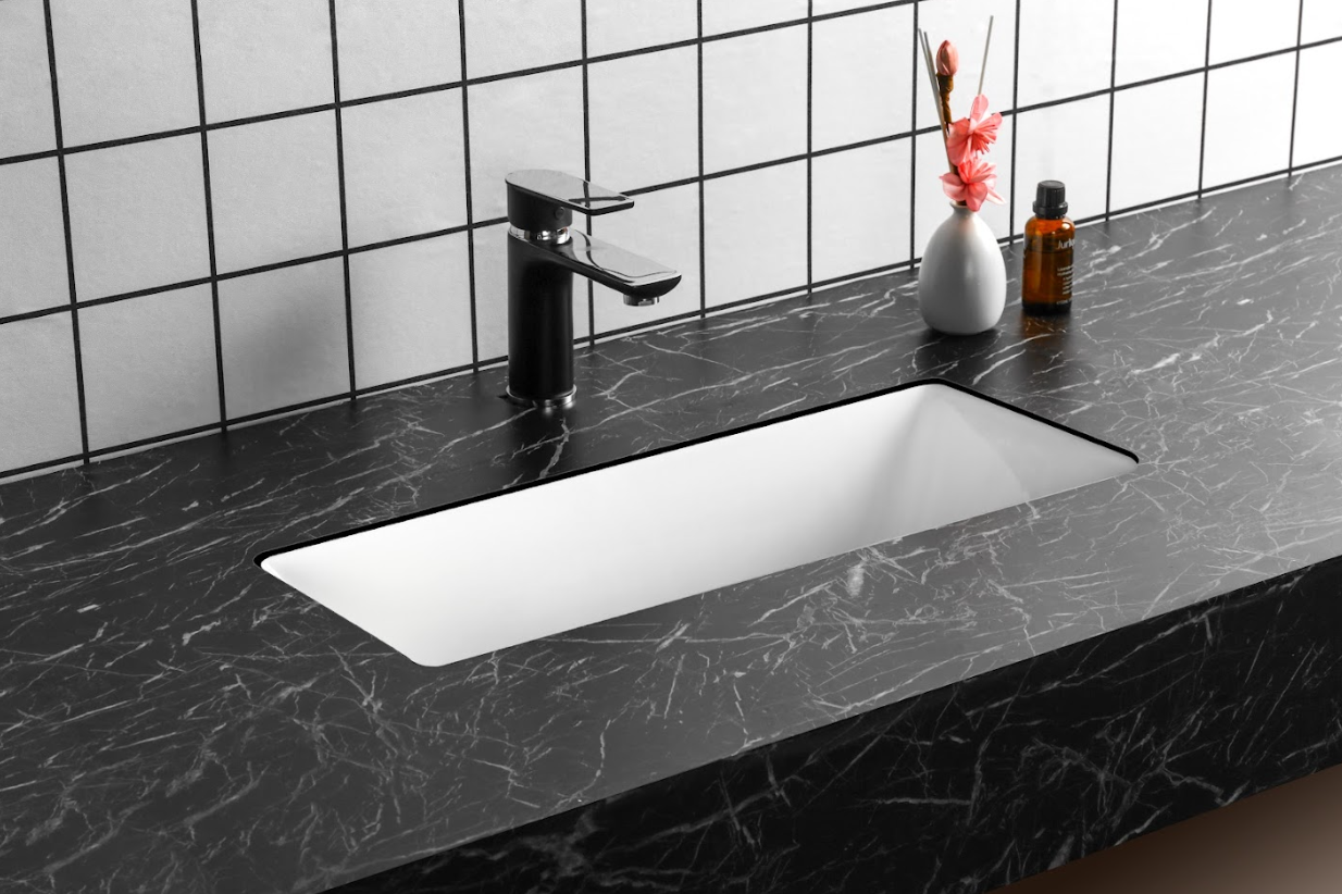 Modern black marble bathroom vanity with rectangular sink, matte black tapware and grid tile wall
