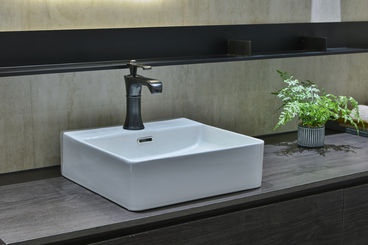 Infinity Rectangle Gloss White Ceramic Above Counter Basin with 1 Tap Hole 410*420*130mm