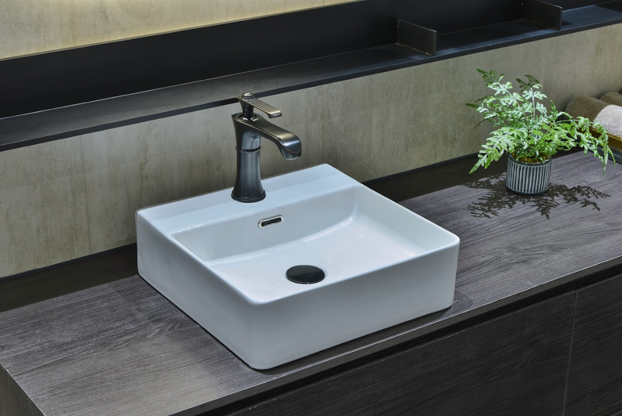 Infinity Rectangle Gloss White Ceramic Above Counter Basin with 1 Tap Hole 410*420*130mm