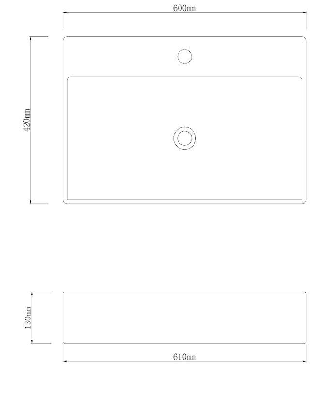 Infinity Rectangle Gloss White Ceramic Above Counter Basin with 1 Tap Hole 600*420*130mm