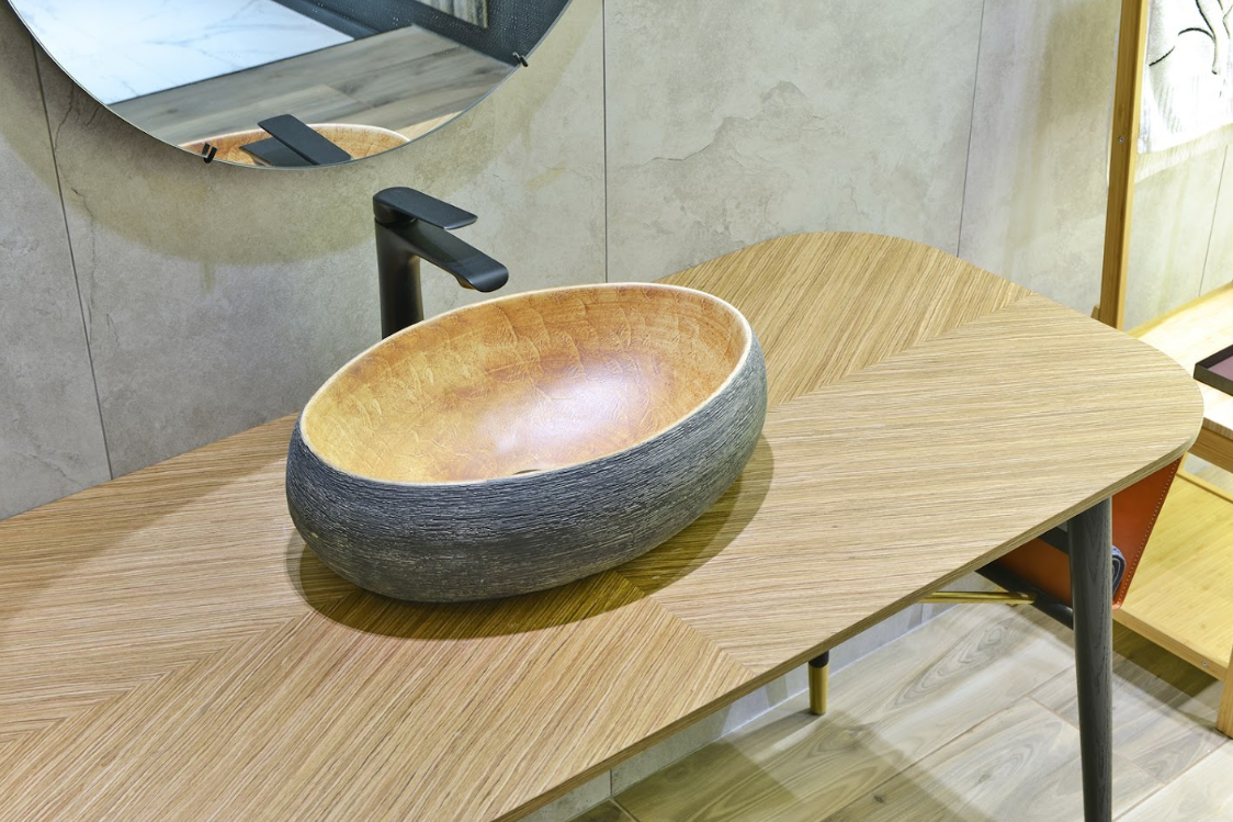 Infinity Pumpkin and Green Exterior Porcelain Oval Above Counter Art Basin 470*320*140mm