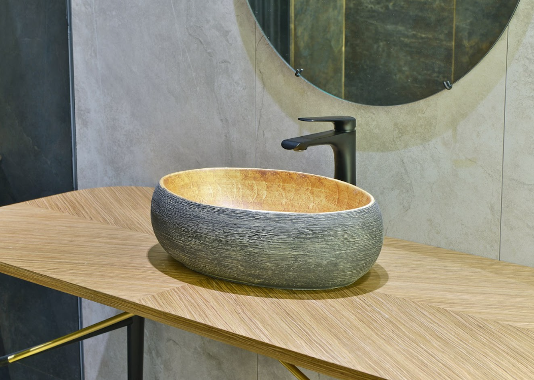 Infinity Pumpkin and Green Exterior Porcelain Oval Above Counter Art Basin 470*320*140mm