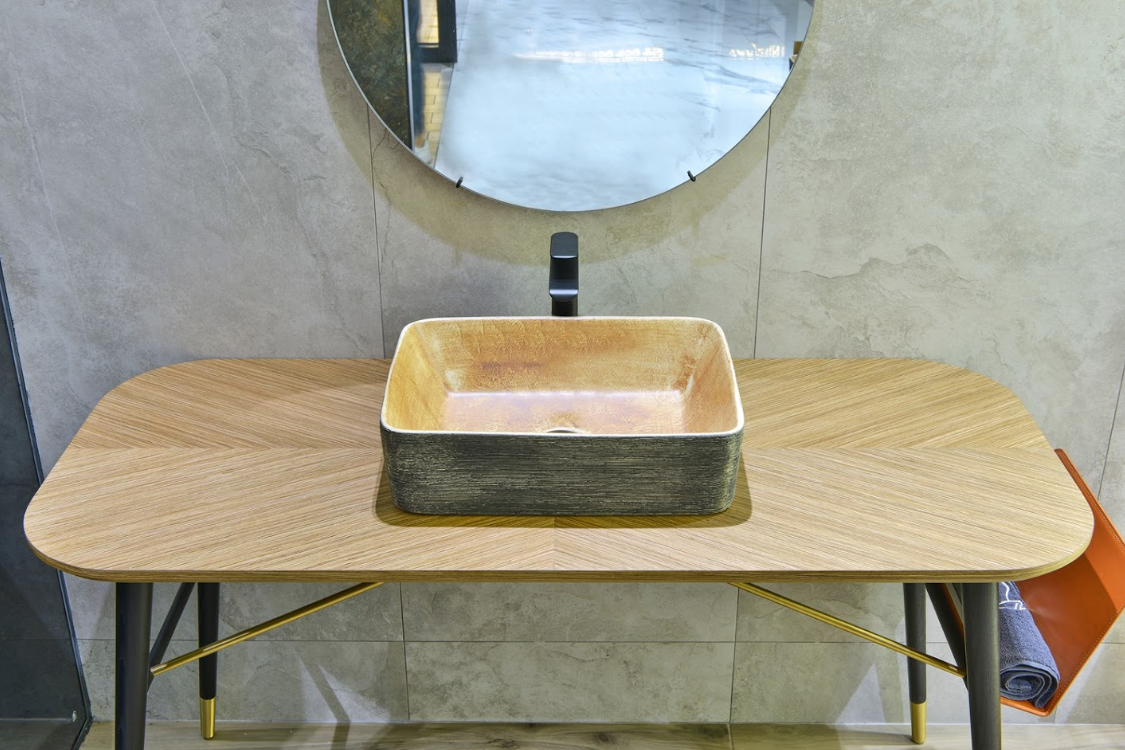 Infinity Pumpkin and Green Exterior Porcelain Rectangle Above Counter Art Basin 470*365*130mm