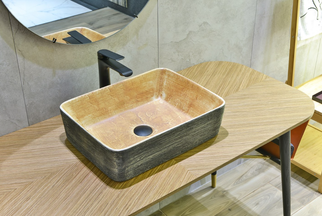 Infinity Pumpkin and Green Exterior Porcelain Rectangle Above Counter Art Basin 470*365*130mm