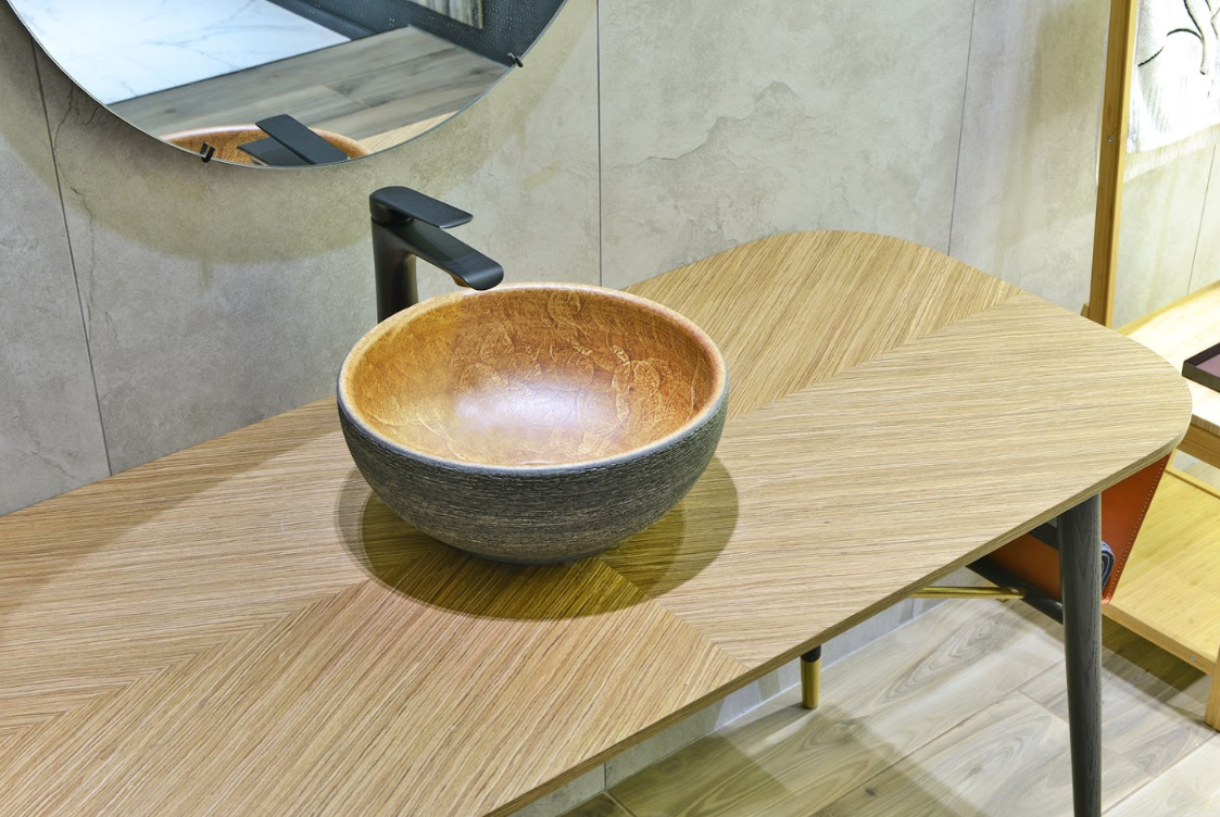 Infinity Pumpkin and Green Exterior Porcelain Round Above Counter Art Basin 340*340*140mm
