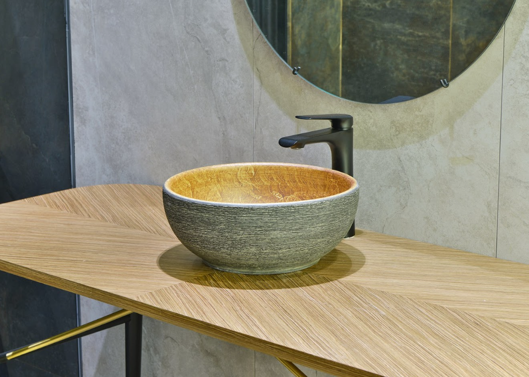 Infinity Pumpkin and Green Exterior Porcelain Round Above Counter Art Basin 340*340*140mm