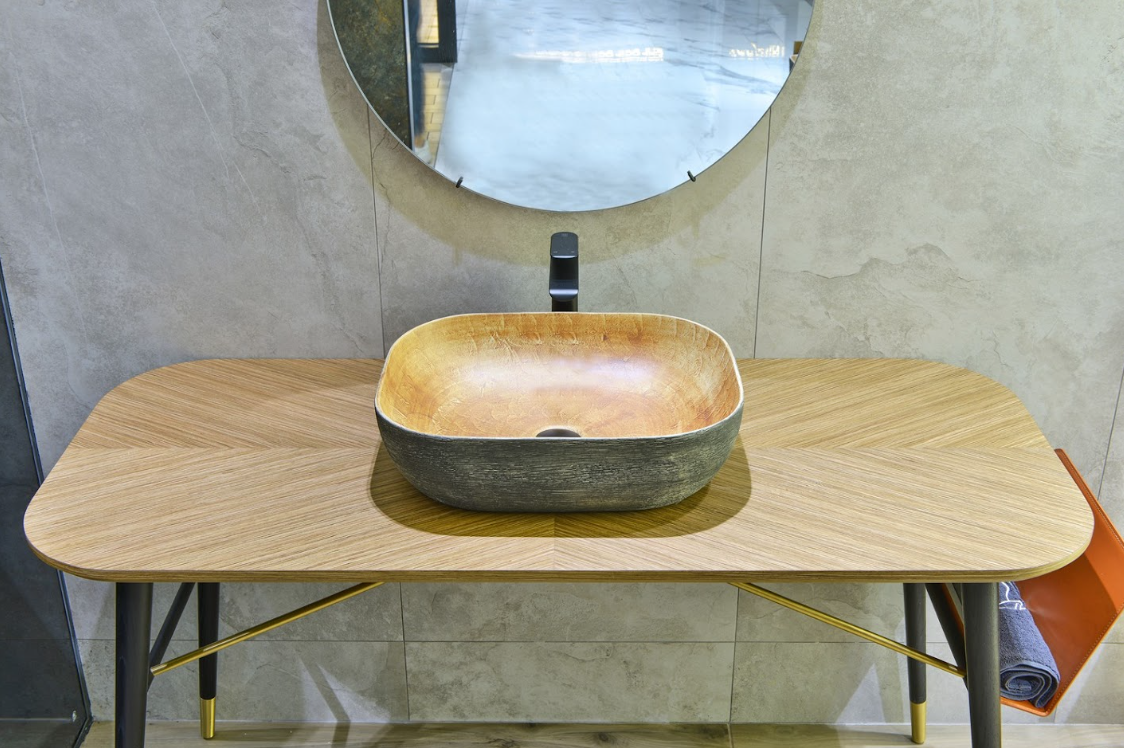 Infinity Pumpkin and Green Exterior Porcelain Rectangle Above Counter Art Basin 490*385*140mm