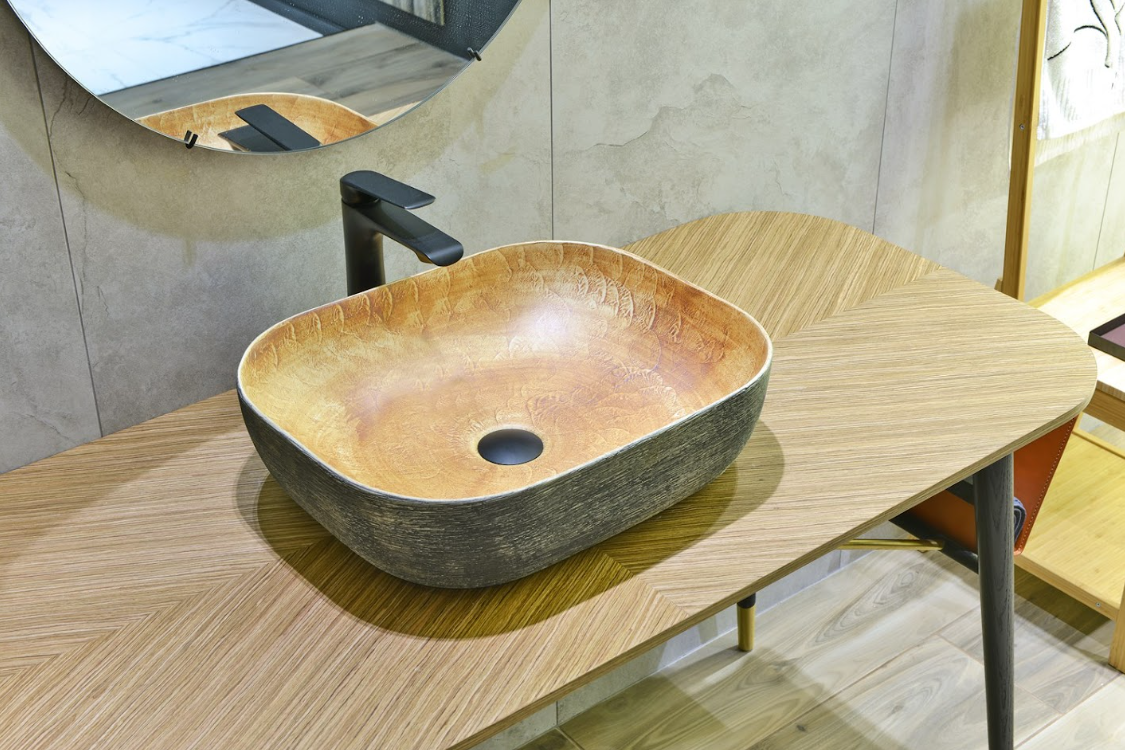 Infinity Pumpkin and Green Exterior Porcelain Rectangle Above Counter Art Basin 490*385*140mm