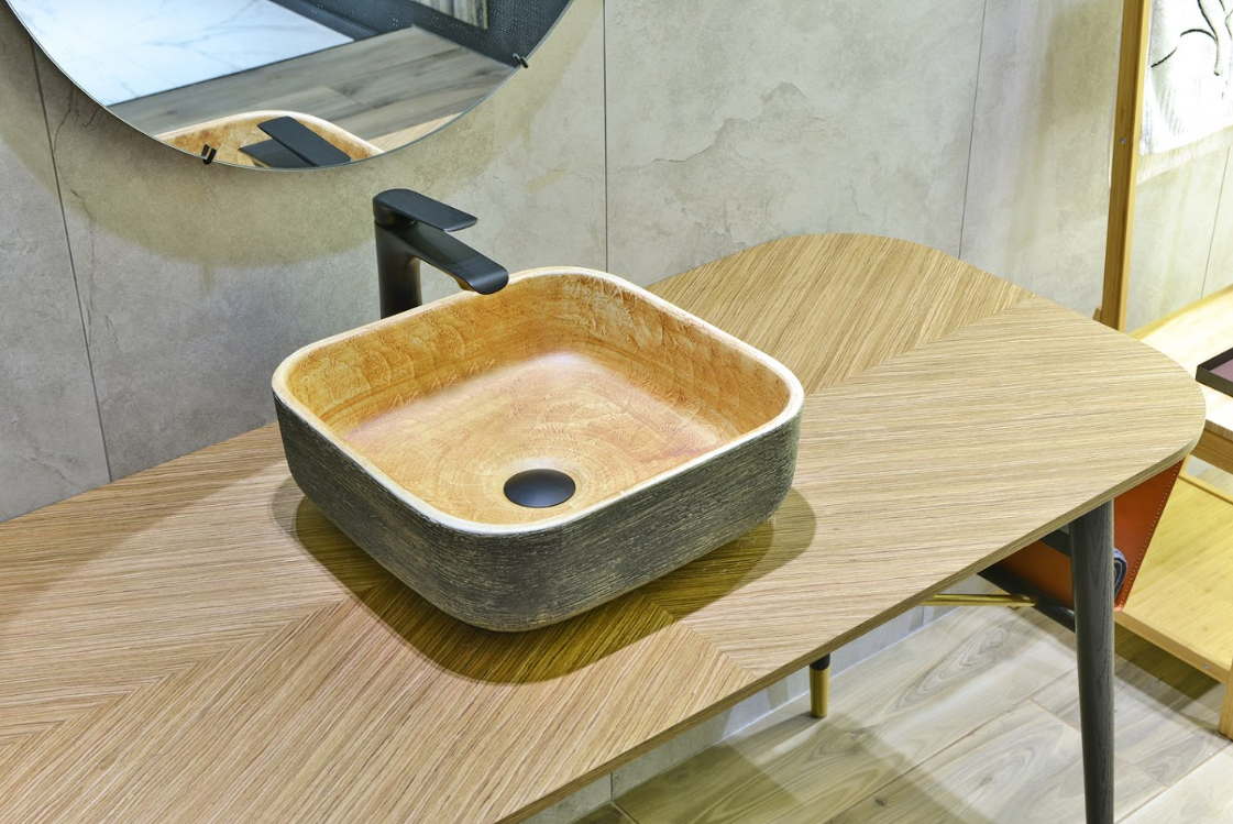 Infinity Pumpkin and Green Exterior Porcelain Square Above Counter Art Basin 380*380*140mm