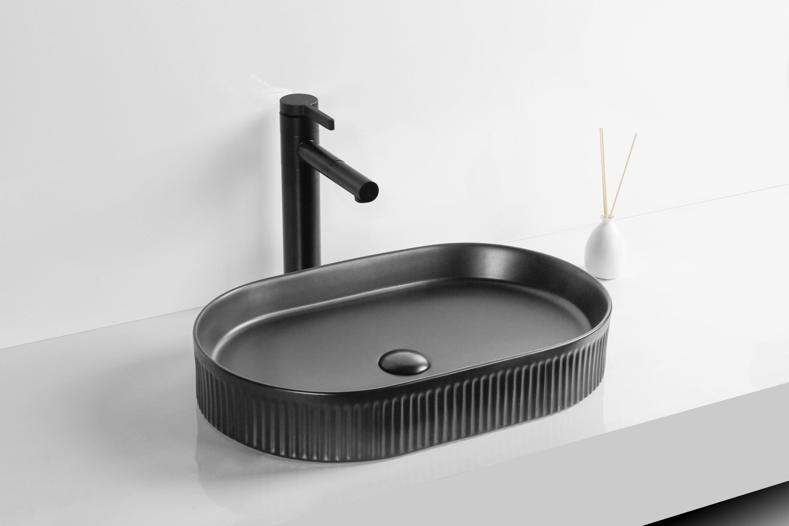 Infinity Oval Gloss White/Matt White/Matt Black Ceramic Above Counter Basin 580*360*100mm