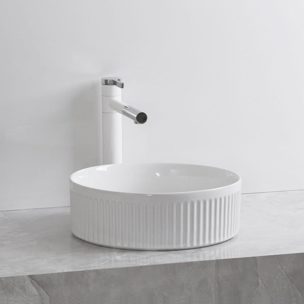 Infinity 360×360×120mm Fluted Round Ceramic Above Counter Basin – Gloss White / Matt White / Matt Black
