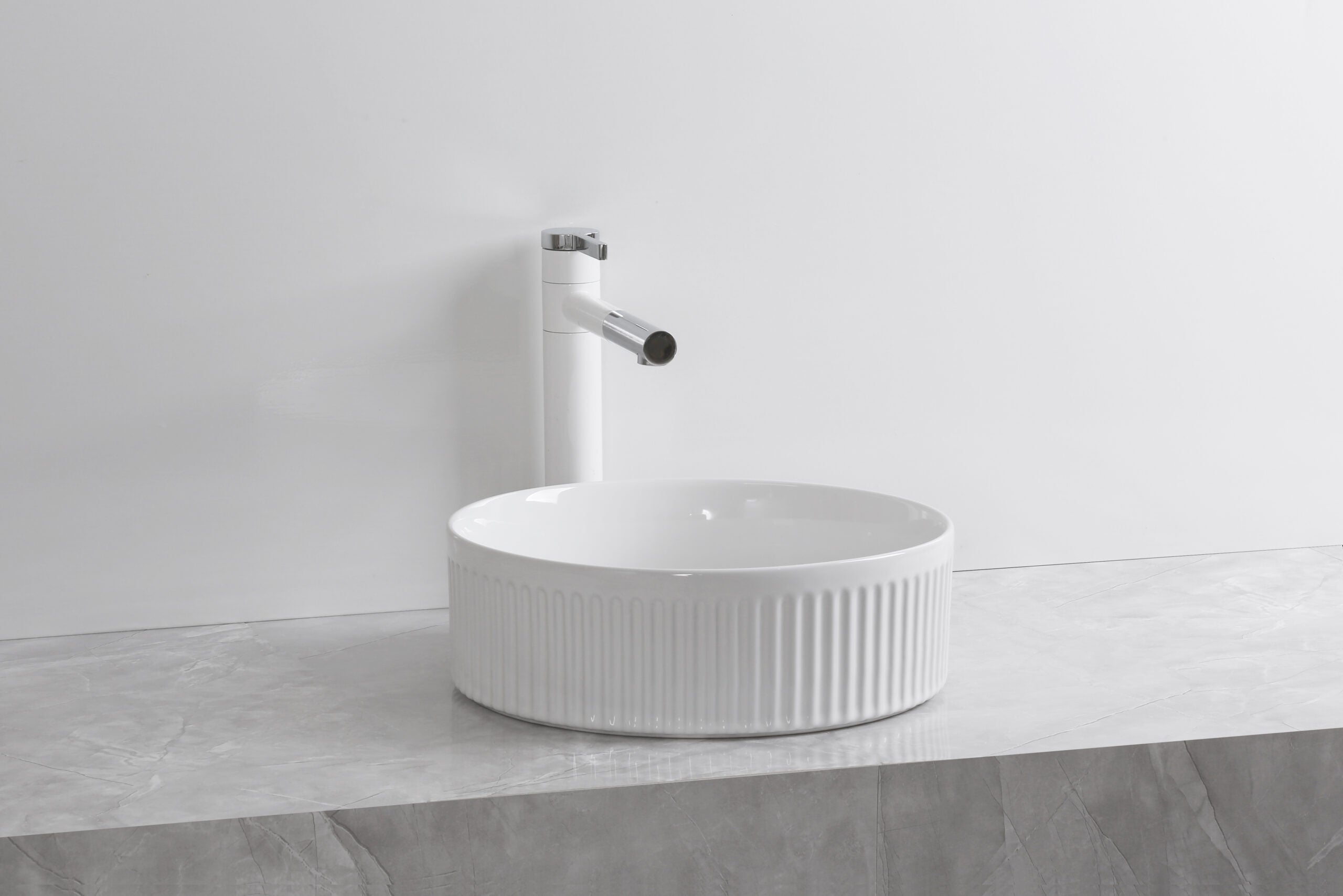 Infinity 360×360×120mm Fluted Round Ceramic Above Counter Basin – Gloss White / Matt White / Matt Black