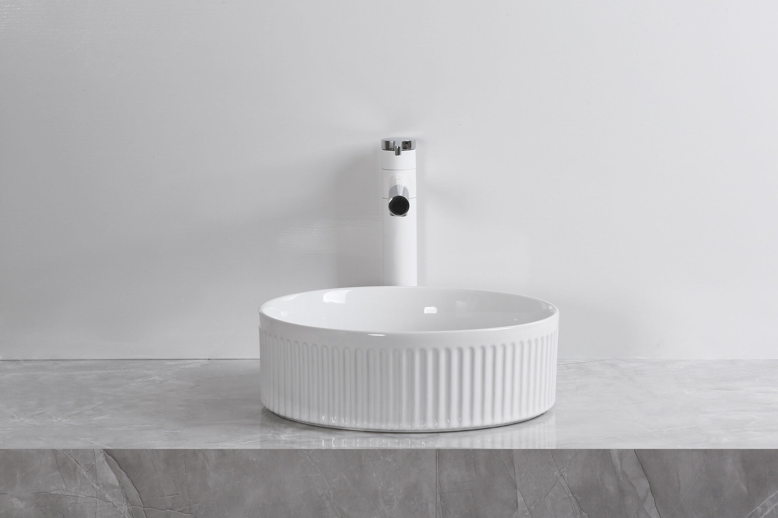 Infinity 360×360×120mm Fluted Round Ceramic Above Counter Basin – Gloss White / Matt White / Matt Black