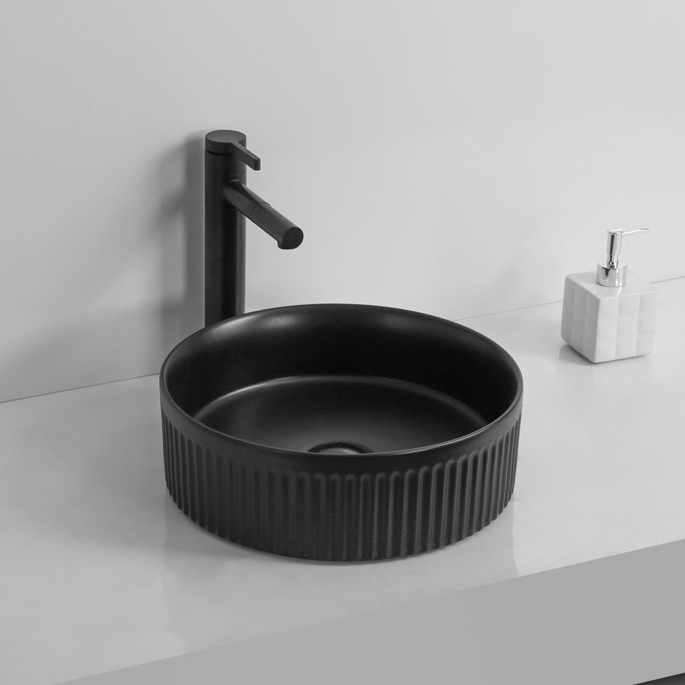 Infinity 360×360×120mm Fluted Round Ceramic Above Counter Basin – Gloss White / Matt White / Matt Black