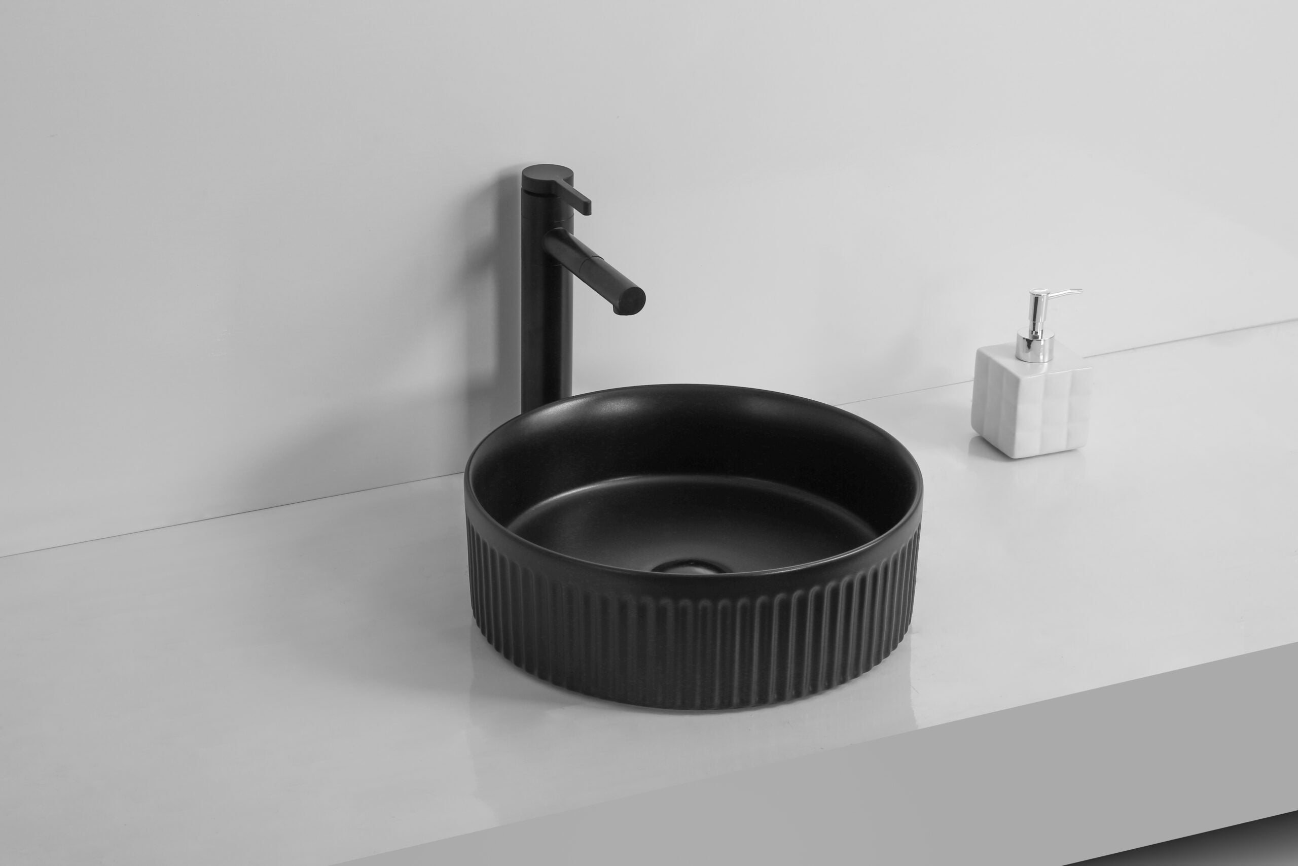 Infinity 360×360×120mm Fluted Round Ceramic Above Counter Basin – Gloss White / Matt White / Matt Black