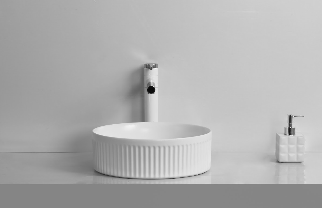 Infinity 360×360×120mm Fluted Round Ceramic Above Counter Basin – Gloss White / Matt White / Matt Black