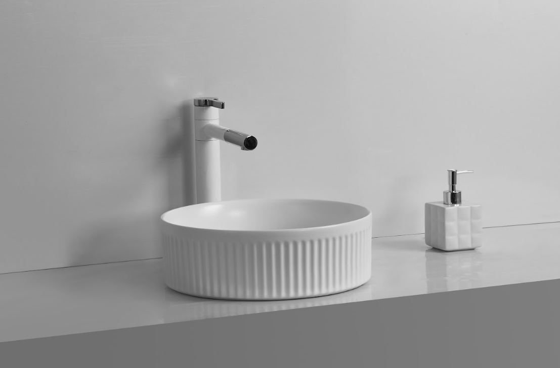 Infinity 360×360×120mm Fluted Round Ceramic Above Counter Basin – Gloss White / Matt White / Matt Black