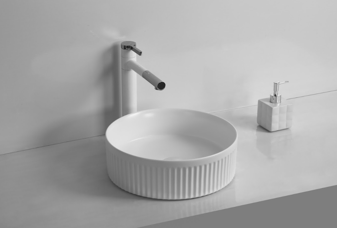 Infinity 360×360×120mm Fluted Round Ceramic Above Counter Basin – Gloss White / Matt White / Matt Black