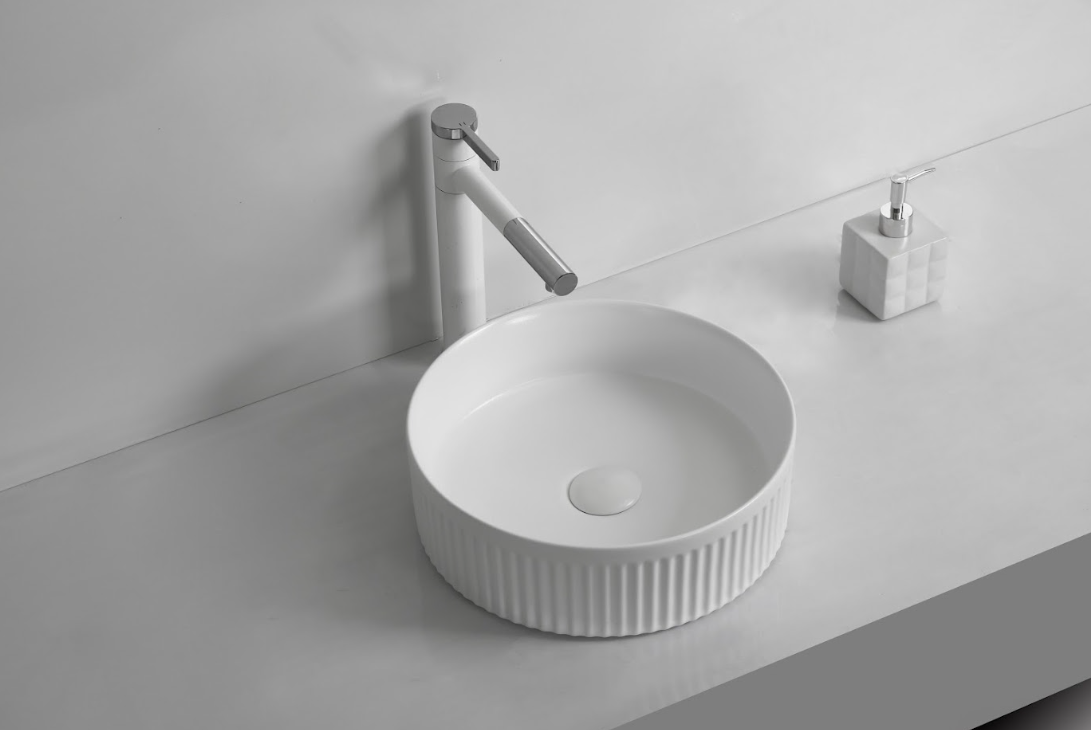 Infinity 360×360×120mm Fluted Round Ceramic Above Counter Basin – Gloss White / Matt White / Matt Black