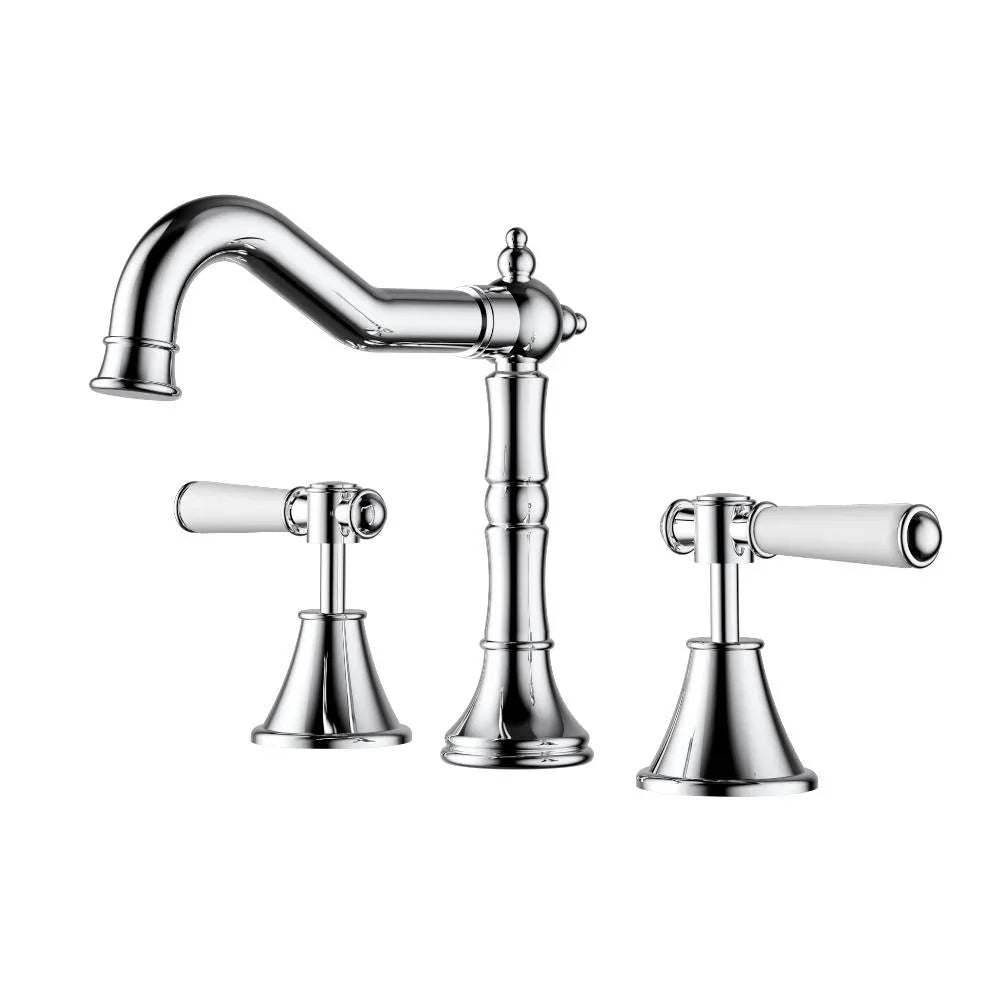 Modern chrome bathroom tapware set with white handles from Secasa Home