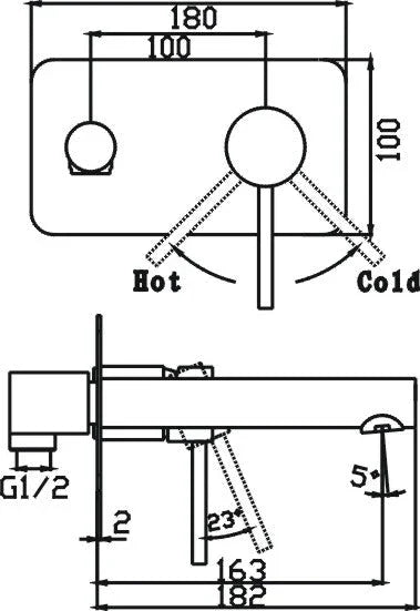 Technical drawing of modern bathroom tapware with handle, hot and cold settings, and measurements.