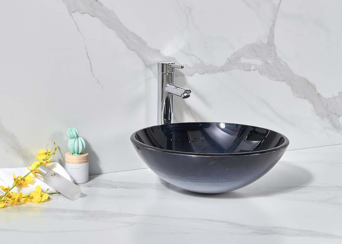 Infinity Black and Blue Tempered Glass Round Above Counter Art Basin 420*420*145mm