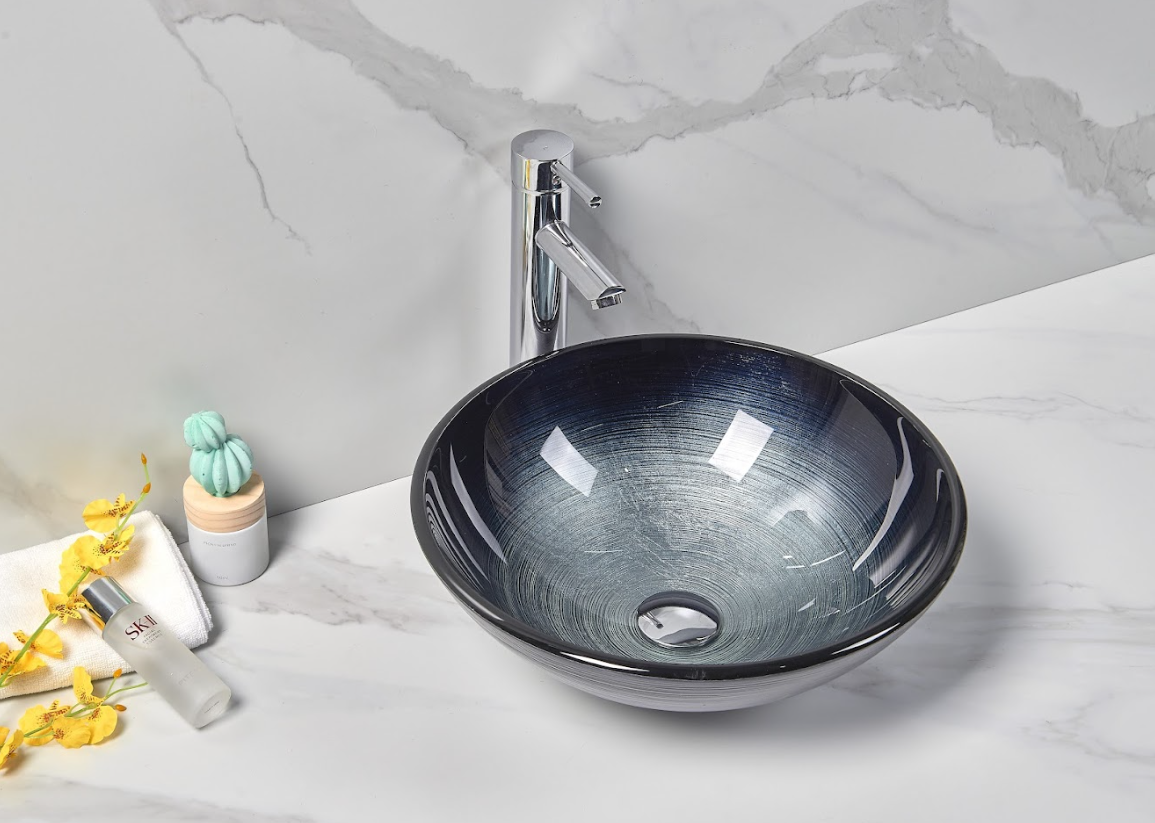 Infinity Black and Blue Tempered Glass Round Above Counter Art Basin 420*420*145mm
