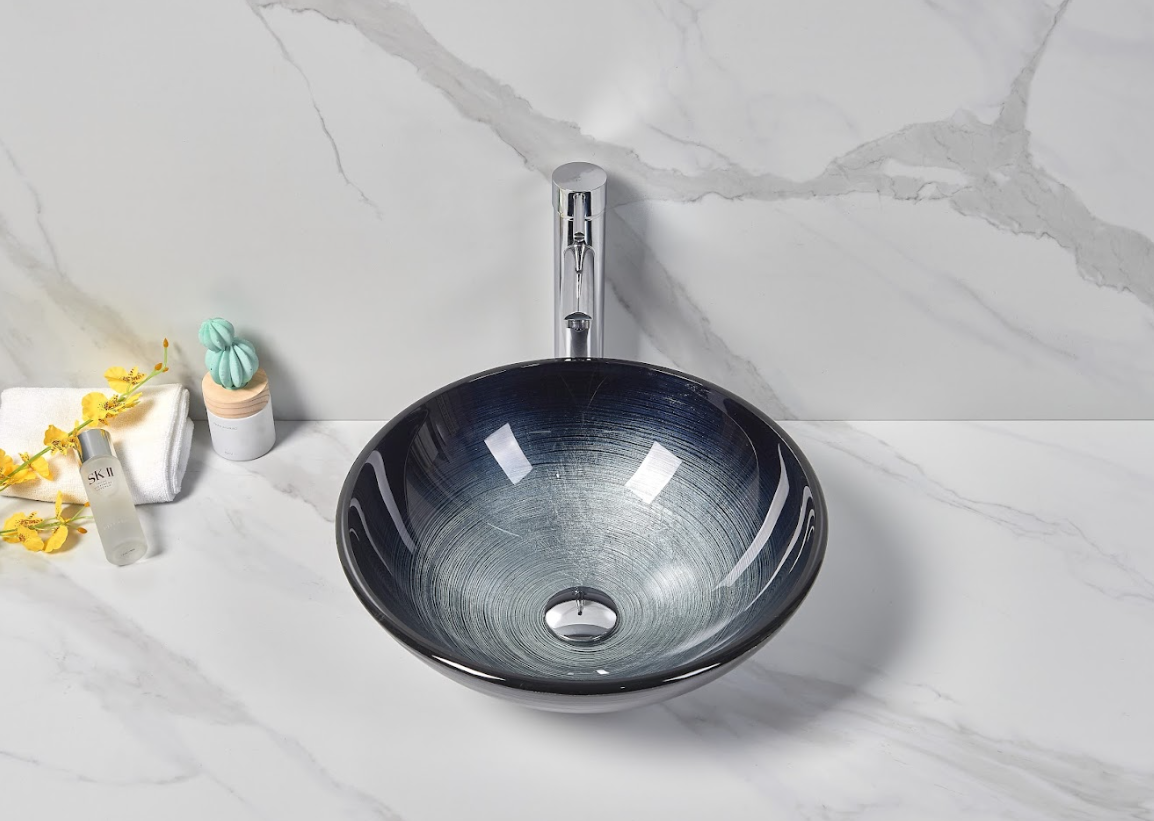Infinity Black and Blue Tempered Glass Round Above Counter Art Basin 420*420*145mm