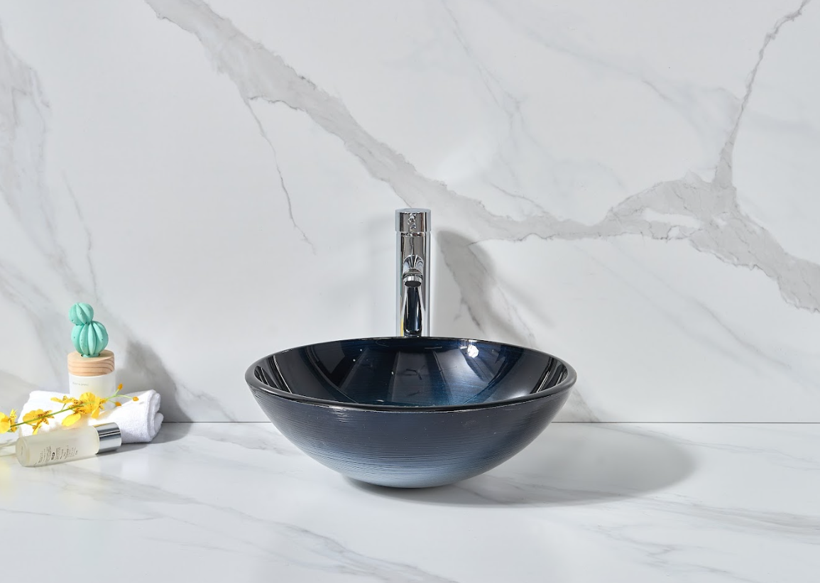 Infinity Black and Blue Tempered Glass Round Above Counter Art Basin 420*420*145mm