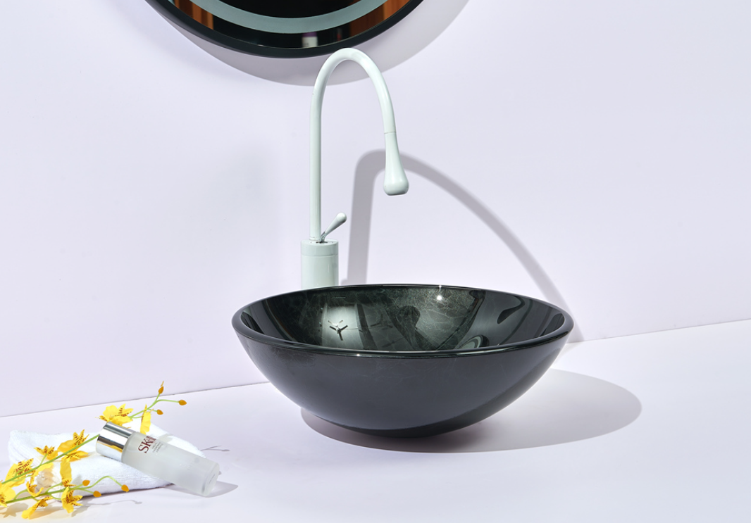 Infinity 420*420*145mm Black Glass Tempered Round Above Counter Art Basin