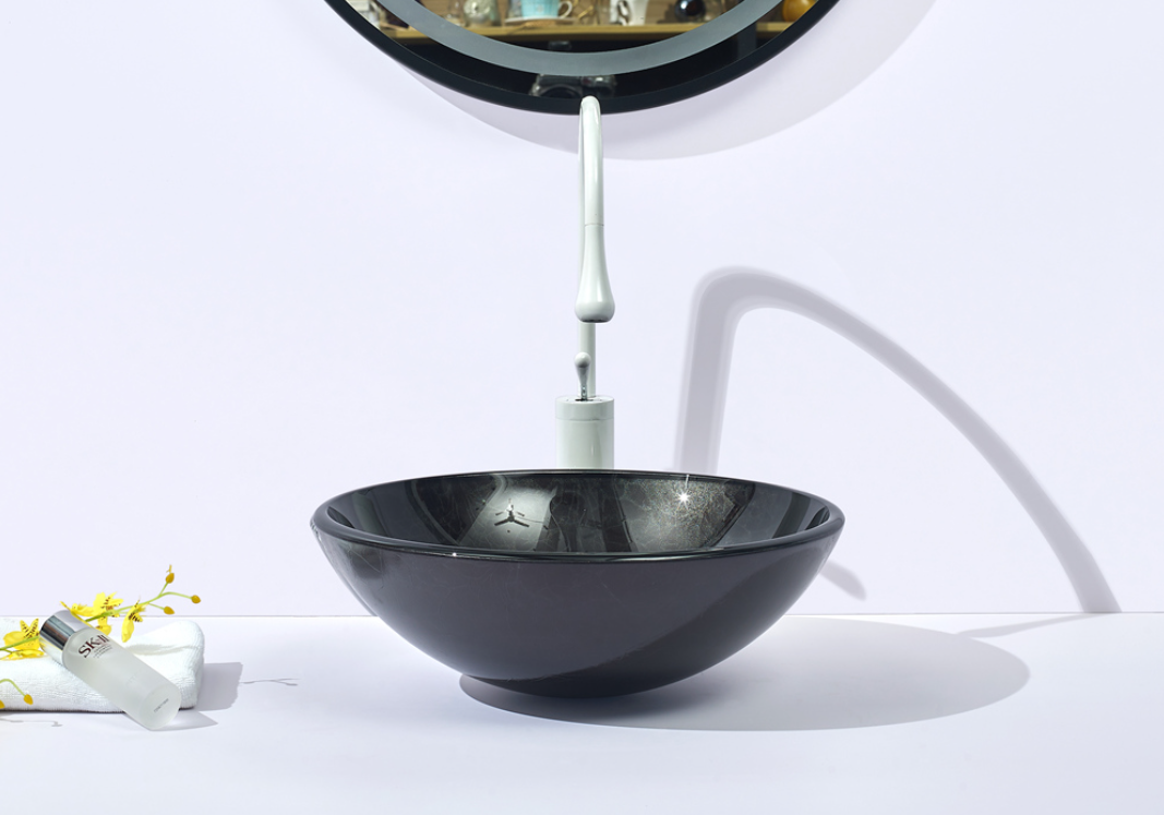 Infinity 420*420*145mm Black Glass Tempered Round Above Counter Art Basin