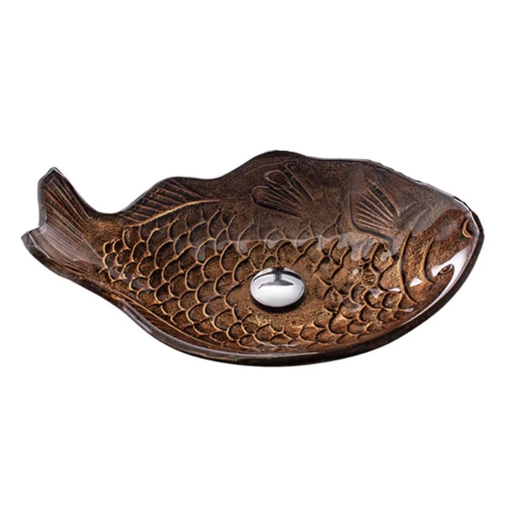 Infinity Brown Tempered Glass Fish Specical Shape Above Counter Art Basin 450*350*170mm