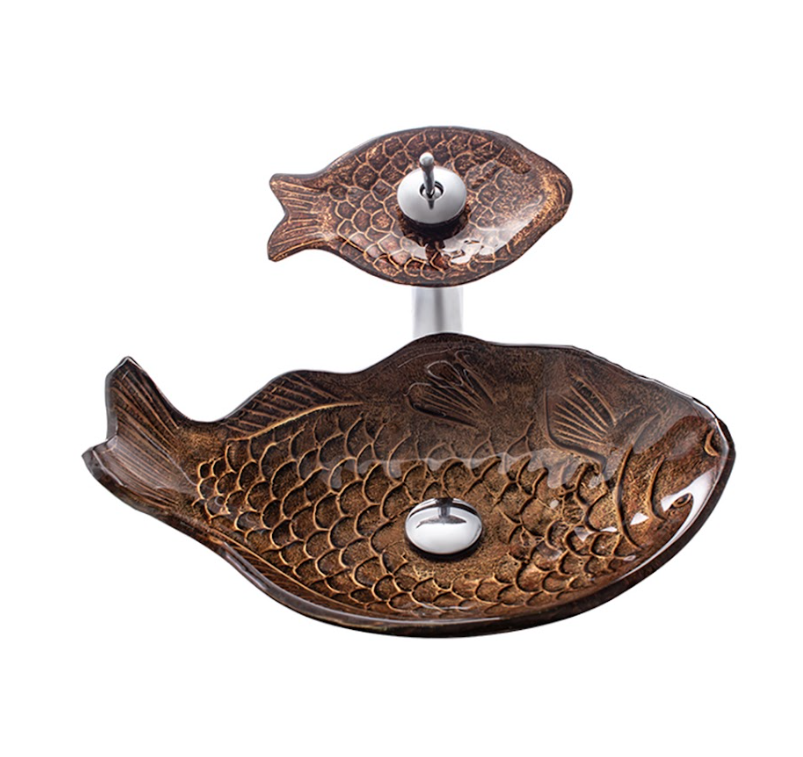 Infinity Brown Tempered Glass Fish Specical Shape Above Counter Art Basin 450*350*170mm