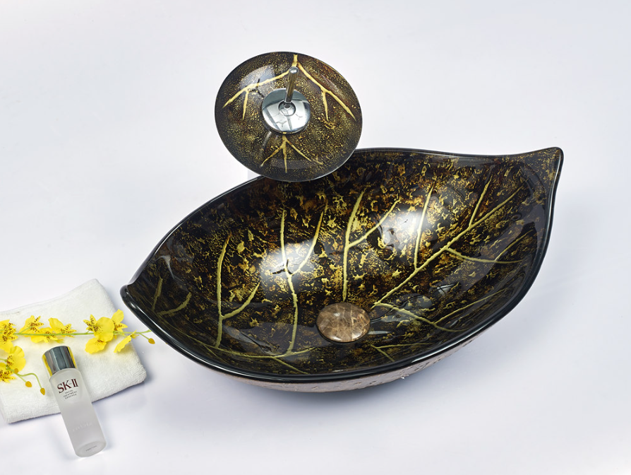 Infinity Tempered Glass Leaf Specical Shape Above Counter Art Basin 590*380*145mm