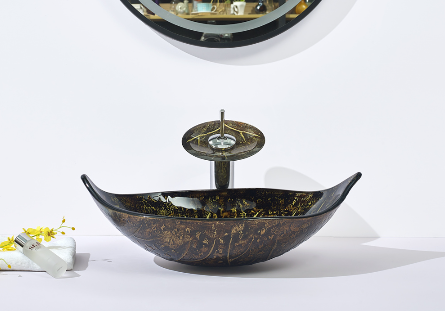 Infinity Tempered Glass Leaf Specical Shape Above Counter Art Basin 590*380*145mm