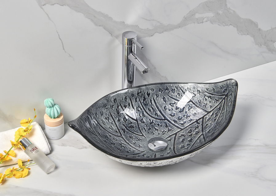 Infinity Tempered Glass Leaf Specical Shape Above Counter Art Basin 590*370*140mm