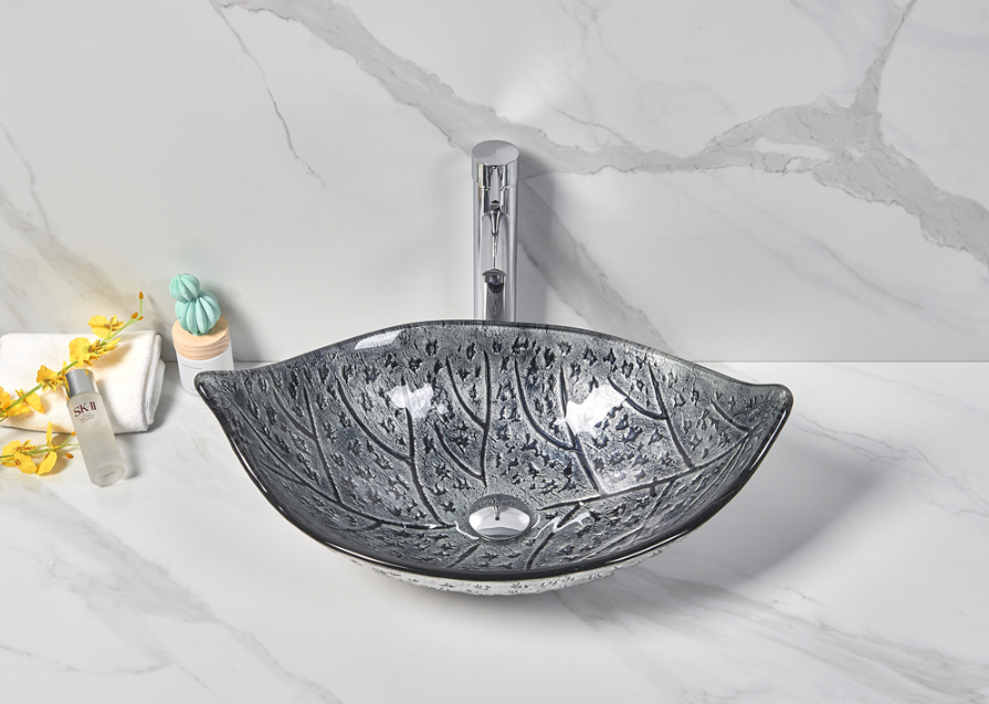 Infinity Tempered Glass Leaf Specical Shape Above Counter Art Basin 590*370*140mm