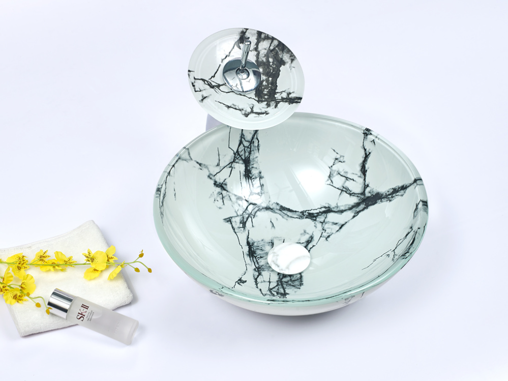 Infinity Marble Tempered Glass Round Above Counter Art Basin 420*420*145mm