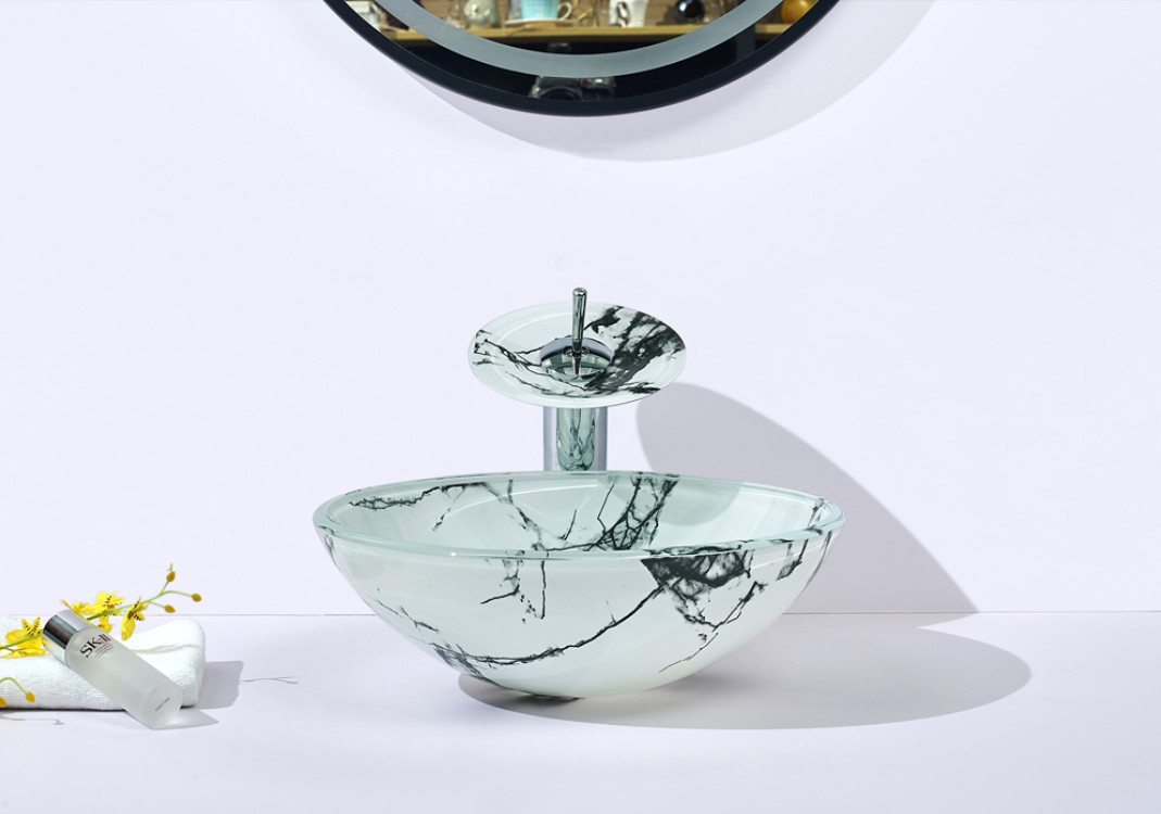 Infinity Marble Tempered Glass Round Above Counter Art Basin 420*420*145mm