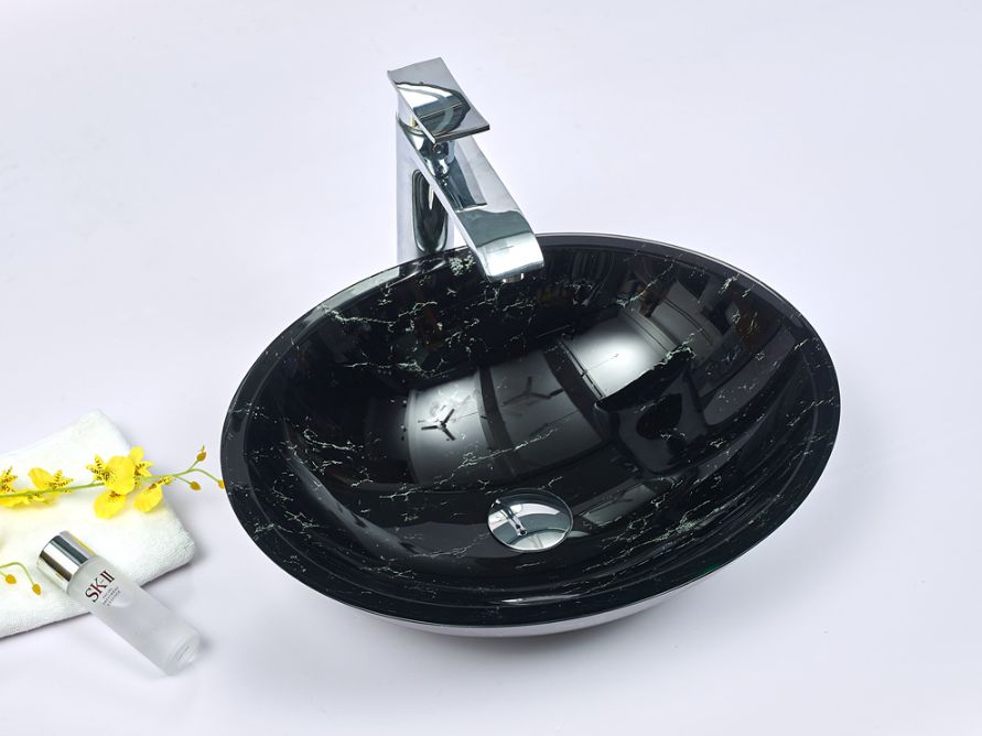 Infinity Gloss Black Double Layer Tempered Glass Oval Above Counter Art Basin 480*390*140mm