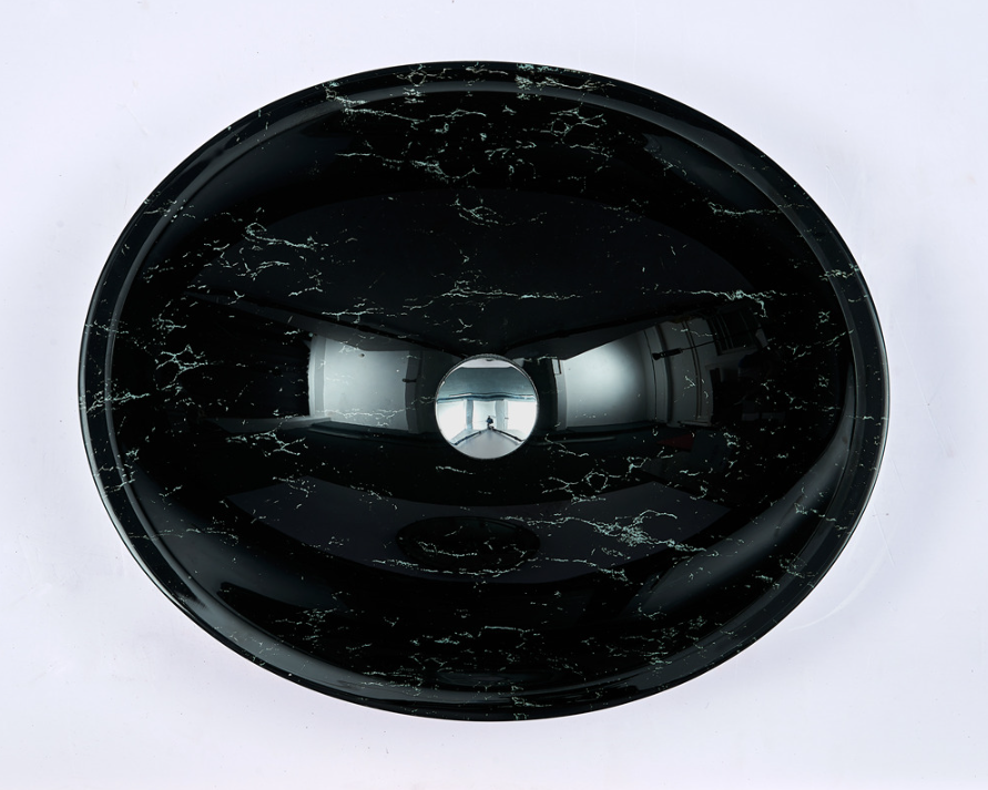 Infinity Gloss Black Double Layer Tempered Glass Oval Above Counter Art Basin 480*390*140mm